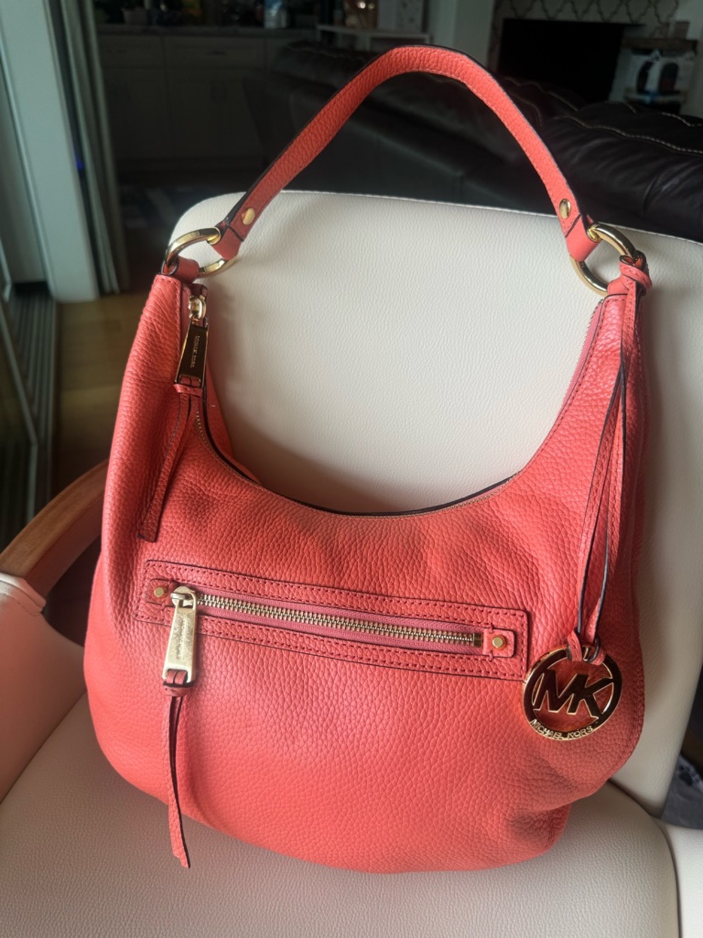 Michael Kors Rhea Coral Orange Pebbled Leather Hobo with Gold Hardware